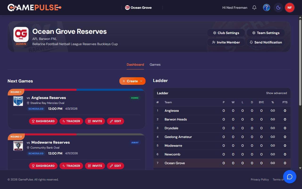 GamePulse team dashboard showing player stats and season charts