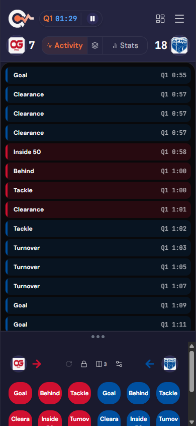 Live game tracking screen with scoreboard and stat buttons